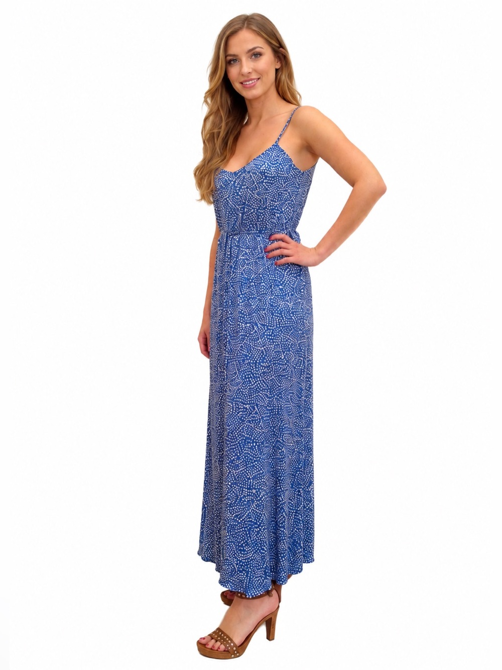 NWOT SWEET CLAIRE Spaghetti Strap Blue White Floral Summer Maxi Dress Sz S